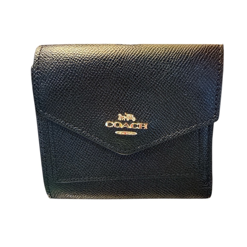 Coach Black Textured Leather Wallet trifold card coin holder designer snap